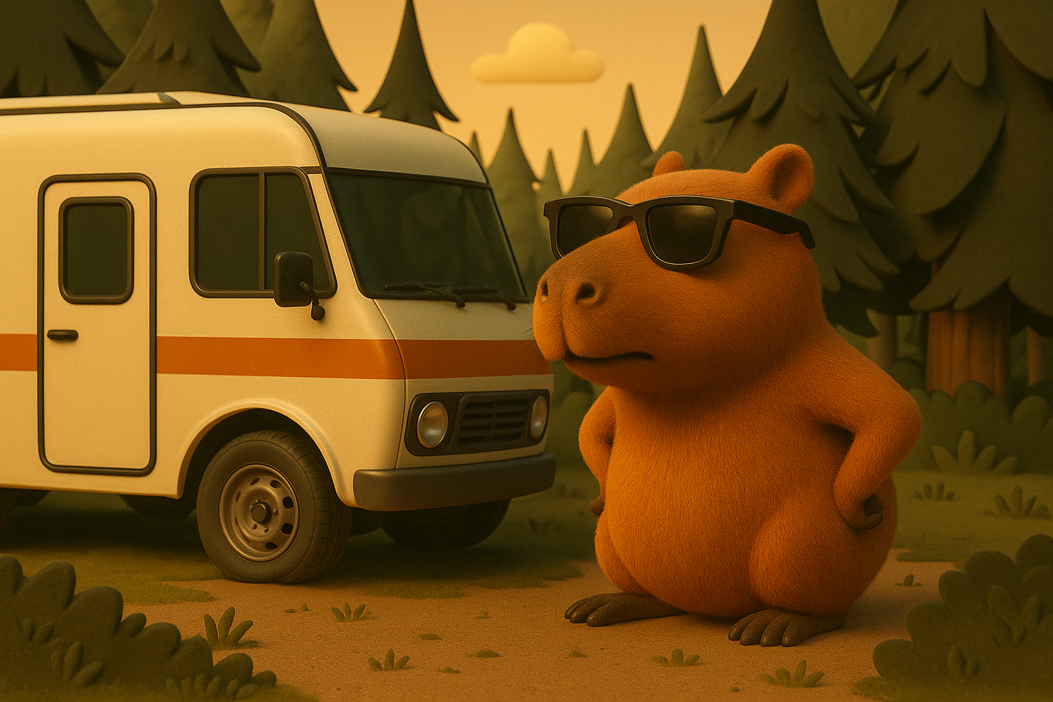 RV parked in nature at sunset